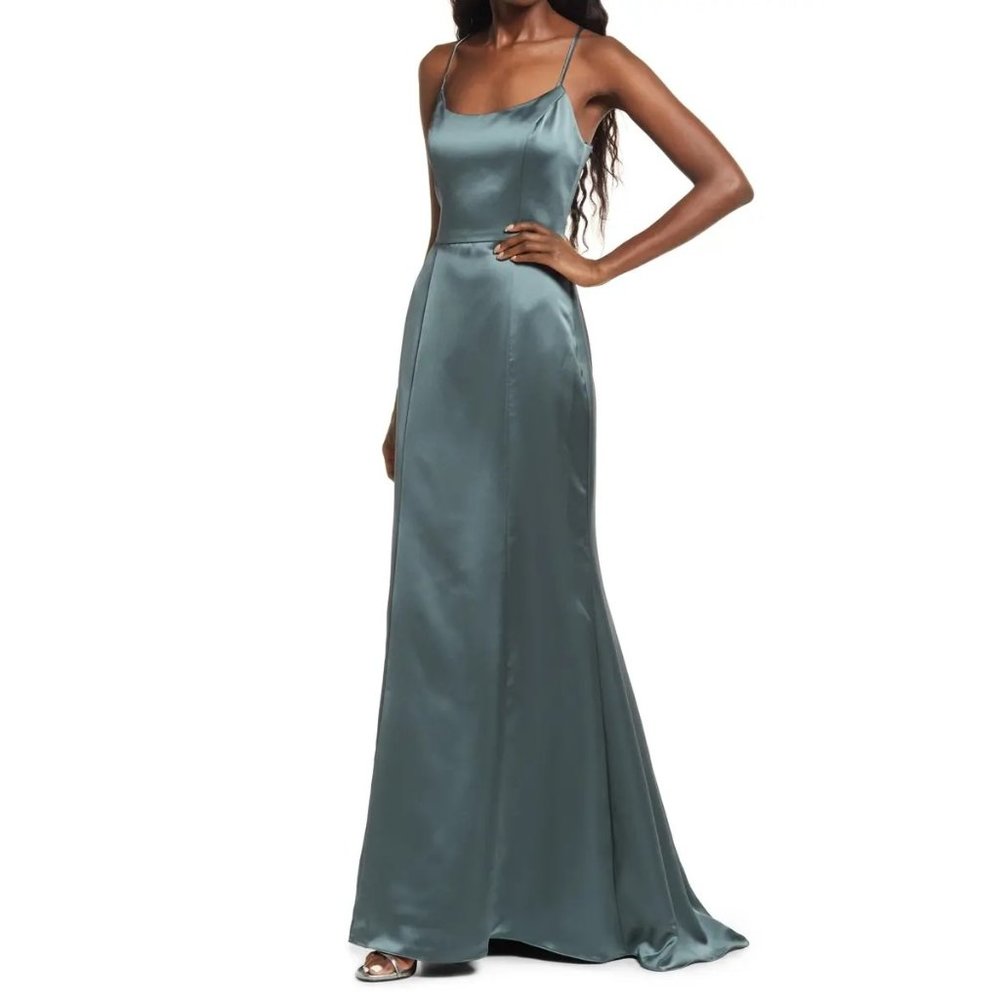 Amsale Everly Sleeveless Mermaid Satin Gown in Petrol 8 New